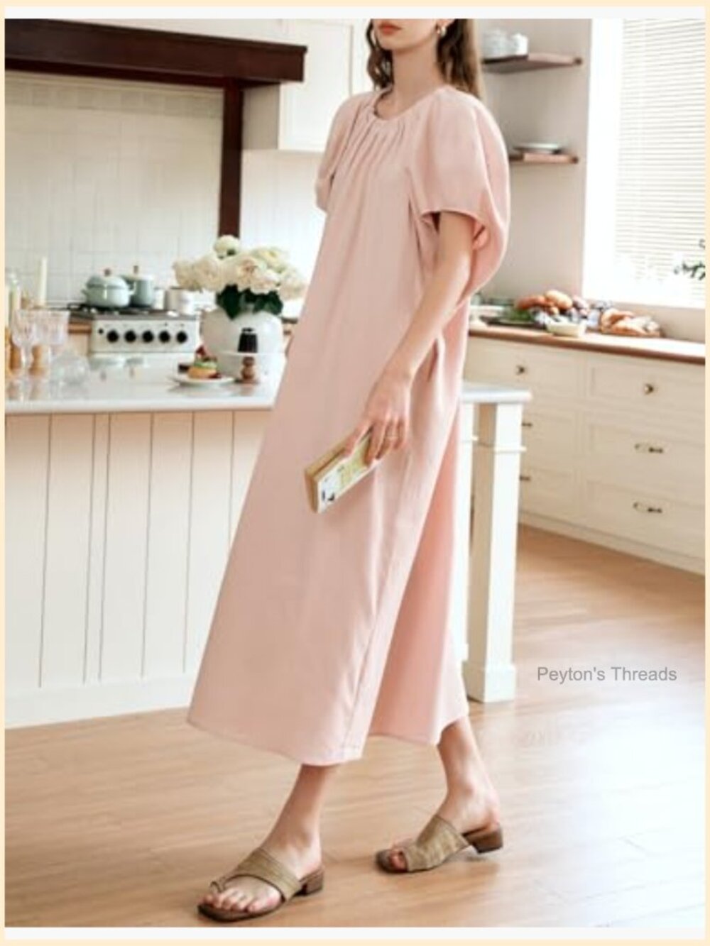 Puff Sleeve Loose Maxi Dress, Elastic Crew Neck, Pleated Casual Midi Dress - Picture 3 of 7